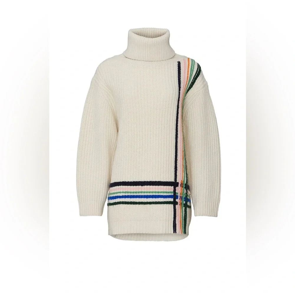 New! Tory Burch Sport Wool Cream Turtleneck Sweater with Multicolor Stripes 🤍 XS